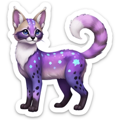 Colorful black-violet-indigo-purple-gradients nebulae nebula starry galactical shiny white-stars-spotted glorious iridescent divine exotic cute cool beautiful realistic caracal-civet-sergal-vernid-Cacomistle-Trico-oncilla-animal-Fakémon-hybrid-fursona (full body) sticker