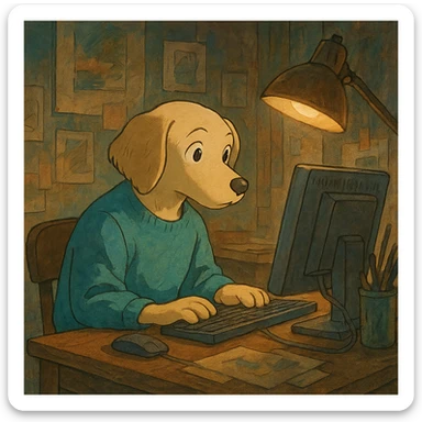 ghibli style light dog graphic designer, focused at a computer, artistic atmosphere sticker