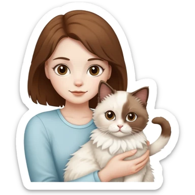 short brown haired white girl holding white fluffy cat and brown fluffy cat ragdoll sticker