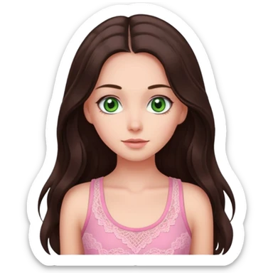 super long haired brunette with middle part cute pink lacy tank white but tan green eyes hairflup sticker