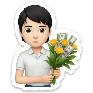 generate a pretty fair bratz boy with a messy mullet (black hair), wearing a white polo.  carrying a bouquet made of money sticker