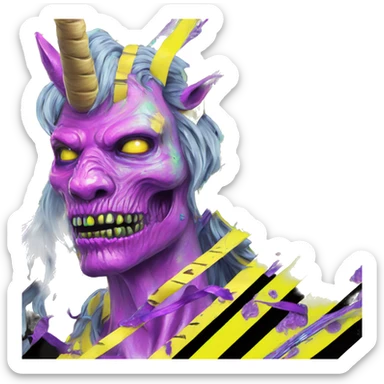 .Zombie_ Vaporwave black holographic oilslick zombie unicorn yellow caution tape sticker