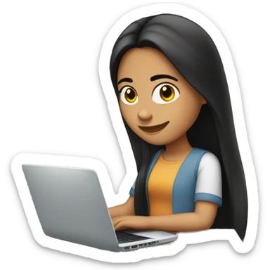 a hispanic girl with long black straight hair, tan skin, with her laptop, affiliative smile sticker