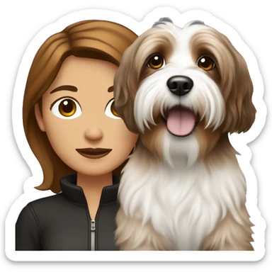 caramel skinned middle aged woman with brown hair, with black and white havanese dog sticker