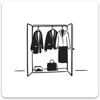 Hand-drawn minimalist wardrobe, slightly open revealing neatly arranged business attire sticker