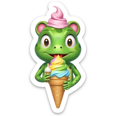 cute frog eating ice cream, happy face, holding a colorful ice cream cone, 3D cartoon, mobile game icon style, bright colors, soft shadows, clean background, no text, no watermark
 sticker