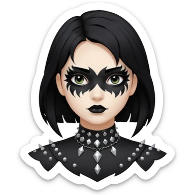 Crea una ragazza con stile black metal,  paint face black metal, capelli neri, mossi dalle spalle e occhi bianchi e un collare con borchie a punta sticker
