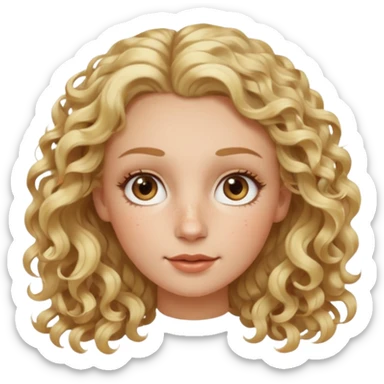 Blond curly hair white women, oval shape face hazel eyes long lashes little bit of freckles high cheek bones sticker