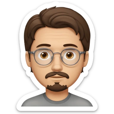 male Slim, slightly oval face, light skin.
Medium-length brown wavy hair, slightly messy.
Brown eyes, round eyeglasses.
Soft, calm expression.
add goathe and add hair to his forhead sticker