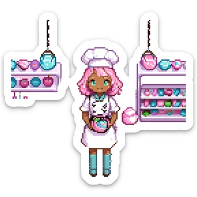 A whimsical candy-themed baker standing in a pastel pink confectionery lab. The walls are made of bubblegum bricks, the countertops shimmer like strawberry frosting, and the air sparkles with powdered sugar mist. The baker is extravagantly adorned: licorice swirls as shoul sticker