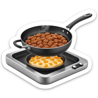 A 3D cartoon frying pan with minced meat being cooked, slight steam, realistic texture, Memoji-style. sticker