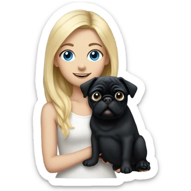 Girl with blonde hair and blue eyes holding a black pug sticker
