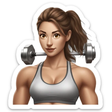 Hyperrealistic pencil drawing of athletic sexy girl with brown hair with barbell sticker