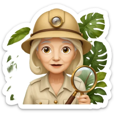 an old woman with jungle and magnifying glass sticker