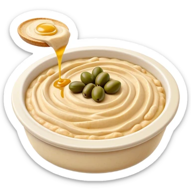 Cinematic Realistic Hummus Dish Emoji, depicted as a creamy chickpea dip drizzled with olive oil rendered with rich textures and warm, inviting lighting. sticker