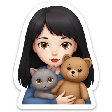 girl,drak eyes, red cheeks, black long hair with a straight bang, white face, holding a British gray cat and a brown teddy bear sticker