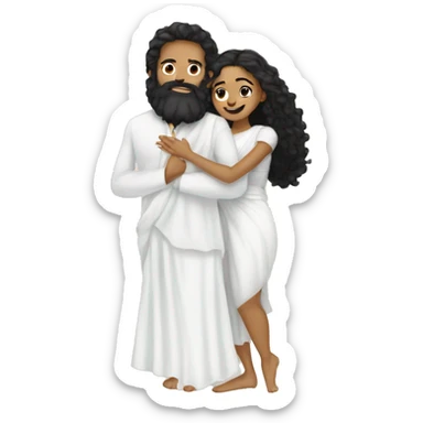 Light skin;Black long hair girl  in a white saree hugging with a man with black beard and curly hair on top sticker