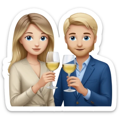 A woman with blue eyes and long balayage brown blond hair and a man with blue eyes and light brown hair, they toast to each other with a glass of white wine.  sticker