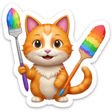 happy cat holding a giant rainbow paintbrush, smiling, emoji style sticker