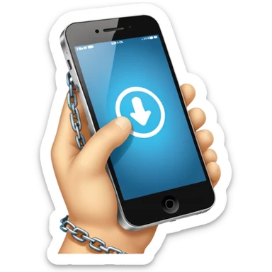 a mobile and hand stick with a chain, as if the hand is chained of mobile addiction  sticker