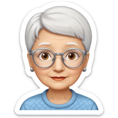 Create me emoji of an old lady. Short white hair to left side. Square glasses. Brown eyes. Rounded bigger face. Wide nose sticker