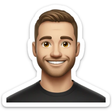 30 year old American Silicon Valley UX designer smiling with stubble in a black tshirt with broad shoulders profile photo hair fade undercut sticker
