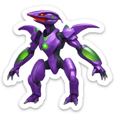 a shiny purple-green-red Genesect-Raptor-Fakémon—hybrid with a futuristic visor-helmet full body sticker