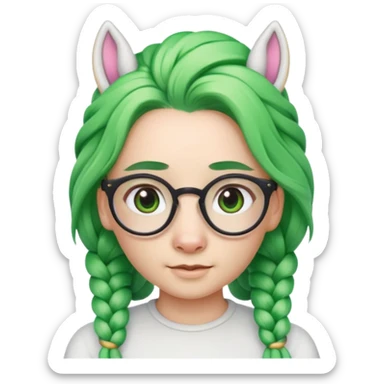 braided unicorn face wiith big visible braids looking into the camera spectacled green hair and no ears sticker