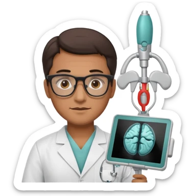 male neurosurgeon with glasses, holding MRI scan and extra surgical tools, apple emoji style sticker