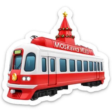 Apple iOS style 3D emoji of a
Moscow Metro train (modern
"Moskva-2020" model) decorated for
New Year. The train has a large red Santa hat on its front and is wrapped in glowing LED garlands. A bright iconic red letter
"M" logo is positioned next to it. Smooth glossy plastic, soft 3D render,  sticker