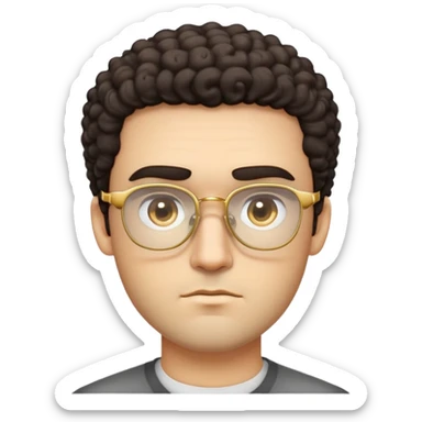 Man with square face, thick straight eyebrows, short curly dark hair, light facial scruff, serious neutral expression, wearing large square golden glasses sticker