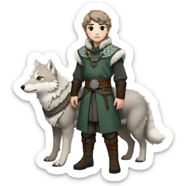 Medieval winter outfit worn by a DnD themed fantasy male character. Heavy charcoal wool tunic with arctic wolf fur lining, adorned with intricate iron clasps and a thick leather belt with celtic knotwork. Clothes only above the waist, full waist coverage. The character has no arms. Character is white-skinned with light brown hair, gray-green eyes, and short wavy hair dusted with winter's touch. sticker