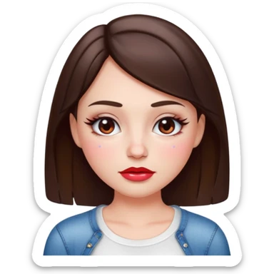 “Emoji brunette girl white top, dewy skin, heavy blush across cheeks and nose bridge, glossy cherry lips, soft eyeliner, teary sparkling eyes like hanni from new jeans sticker