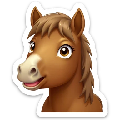 Cinematic Comical Brown Welsh Pony Portrait Emoji, Head tilted dramatically with an exaggeratedly amused expression, featuring a robust, glossy brown color, wide, comically expressive eyes full of playful disbelief, and a subtly animated, perky head, Simplified yet hilariously expressive features, highly detailed, glowing with a slightly sassy earthy glow, high shine, dramatic yet playful, stylized with an air of cheeky equine mischief, soft glowing outline, capturing the essence of a meme-worthy brown Welsh pony that looks ready to trot its way into viral fame! sticker