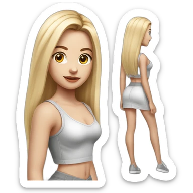 hyperrealist caucasian girl, long straight blonde hair, white v-neck laced crop top, grey tight micro skirt, walking towards camera sticker