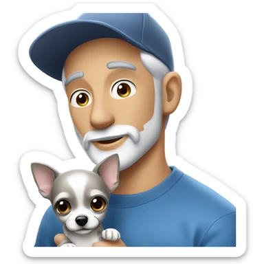 Handsome blue eyed man, with grey hair, and grey goatee beard, wearing ball cap and holding a black long hair chihuahua  sticker
