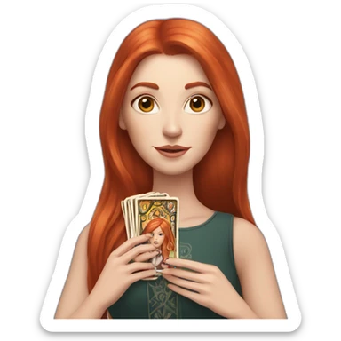 redhead white woman medium long straight hair, holding a tarot card in her hand sticker