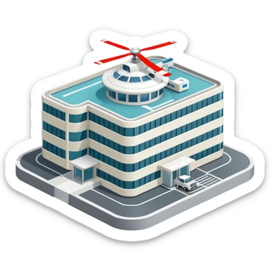 hospital isometric view building with heliport sticker