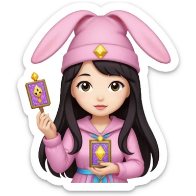 pixel art chibi asian girl with dark long hair in pink bunny hat magical girl with tarot cards thrown in air pixel emoji sticker