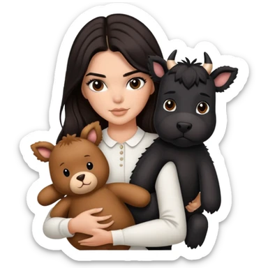Kendall Jenner with long dark hair holding a brown teddy bear, a black schnauzer and a cow cat in her arms sticker