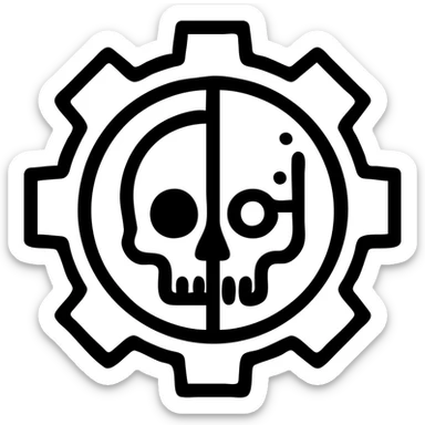 Warhammer 40k Adeptus Mechanicus symbol: half human, half robotic skull inside a gear, sharp lines, logo style, no text sticker