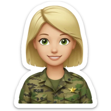 Apple-style emoji: female soldier, bust, no cap/helmet, friendly smile, generic camo top, blonde hair sticker