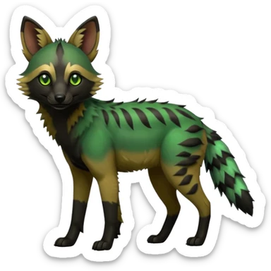 Cute realistic edgy cool Shiny Green Colorful Dusky Dark Gloomy Glossy Aardwolf-Maned-Wolf-Bobcat-fusion-animal-hybrid-creature, full body sticker