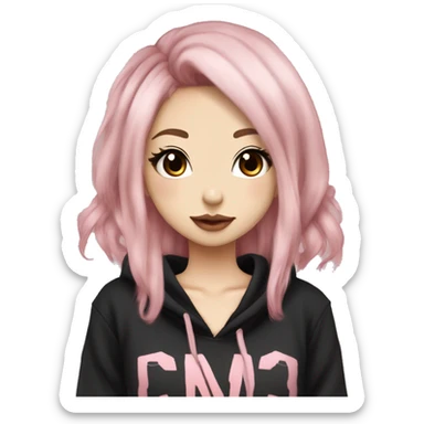 hime gyaru girl, tattoos, pale skin with medium brown and light pink hair, dark makeup, black hoodie sticker