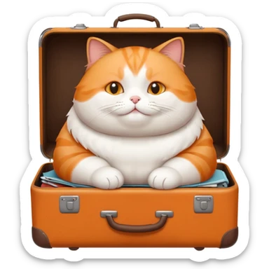 A chubby cat sitting proudly next to a neatly packed suitcase. sticker