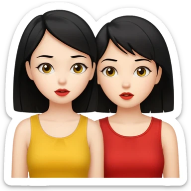 2 girls gossiping. both are fair and have black hair. One has short hair, one has long. One is wearing yellow, one is wearing red sticker