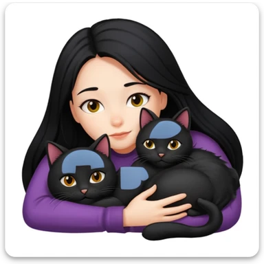 A girl with long black hair, lying down with her black cat while hugging each other. sticker