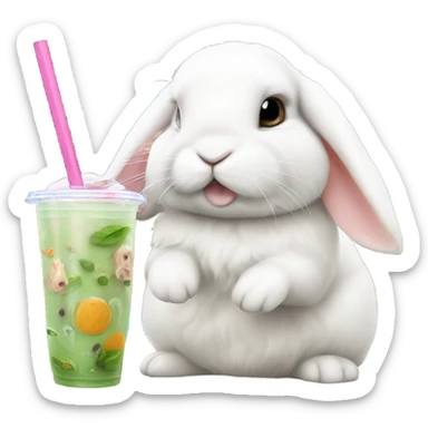 White mini lop rabbit drinking boba tea sticker