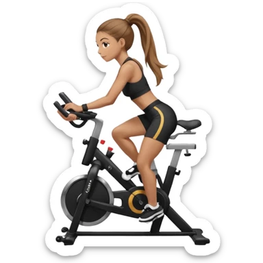 Light skin girl with long light brown hair in a pony tail, black workout set leaning on a indoor spin bike with NO HELMET,  sticker