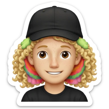blonde boy with long curly hair past his hears and a LA hat, smiling, wearing a black shirt with freckles sticker